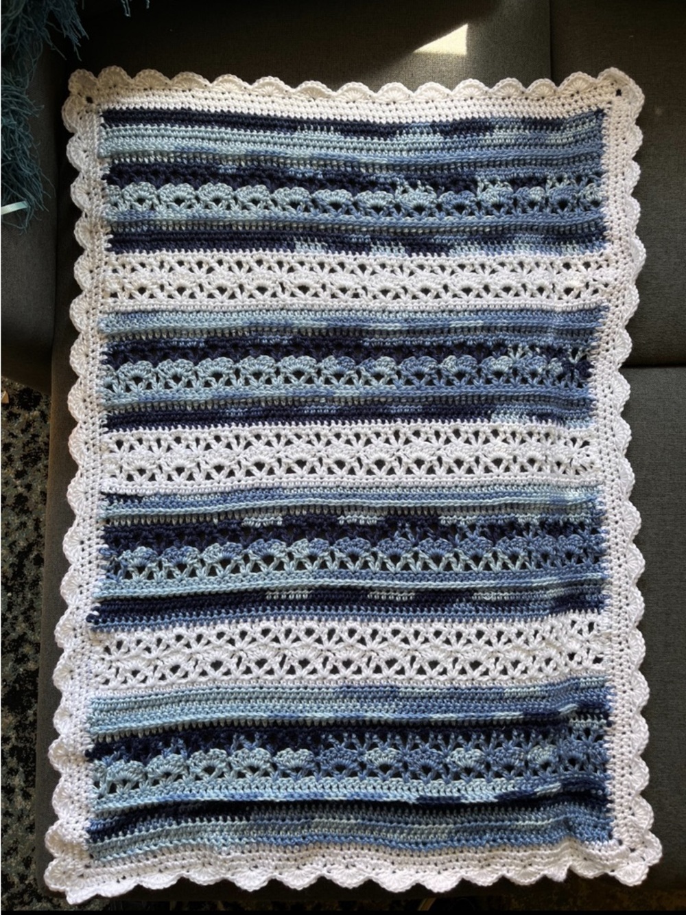 Handmade Crochet Baby Blanket Blue White | Soft Nursery Gift | Baby Shower Gift